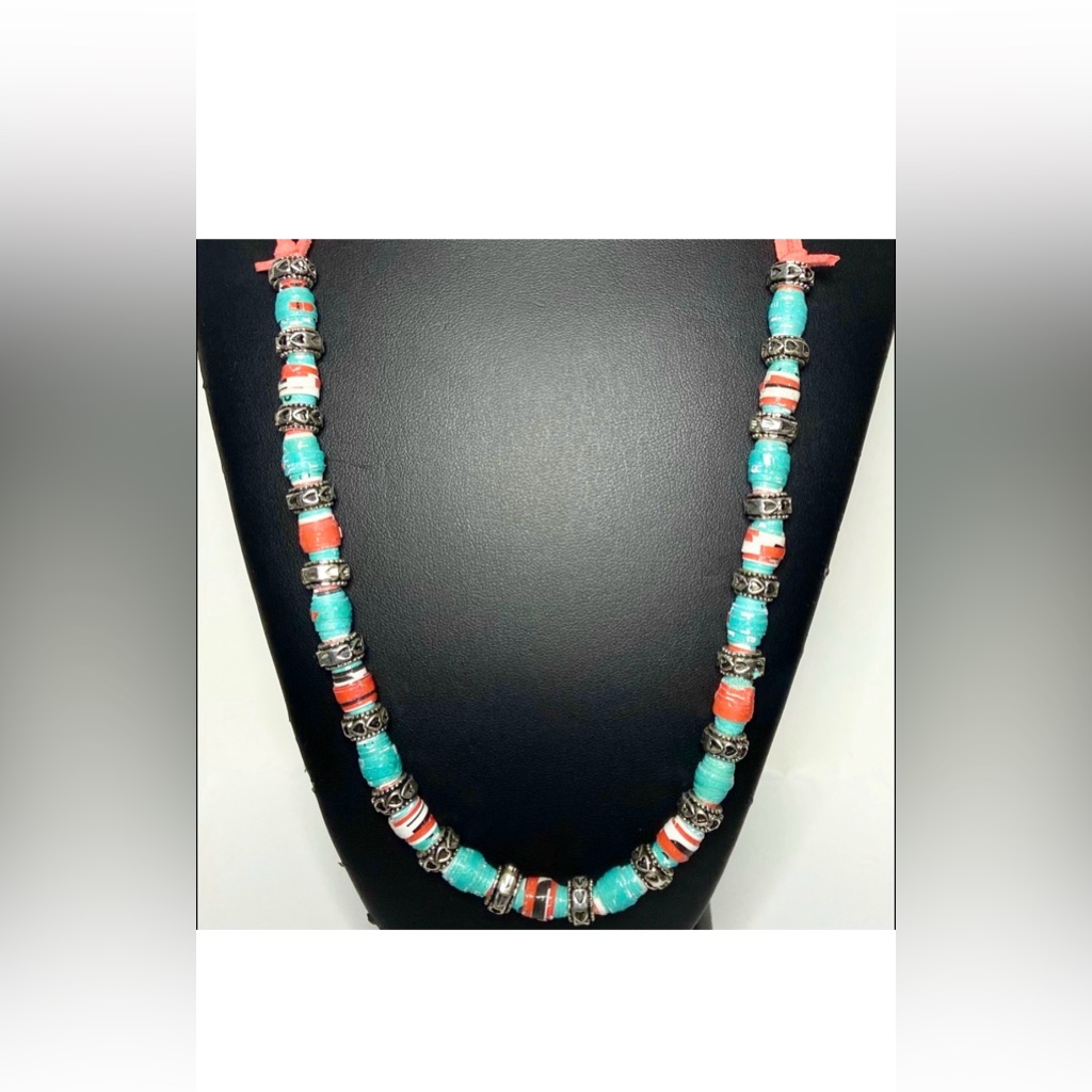 Handmade Recycle Paper Bead Necklace Orange Turquoise Beads Orange Leather Strap